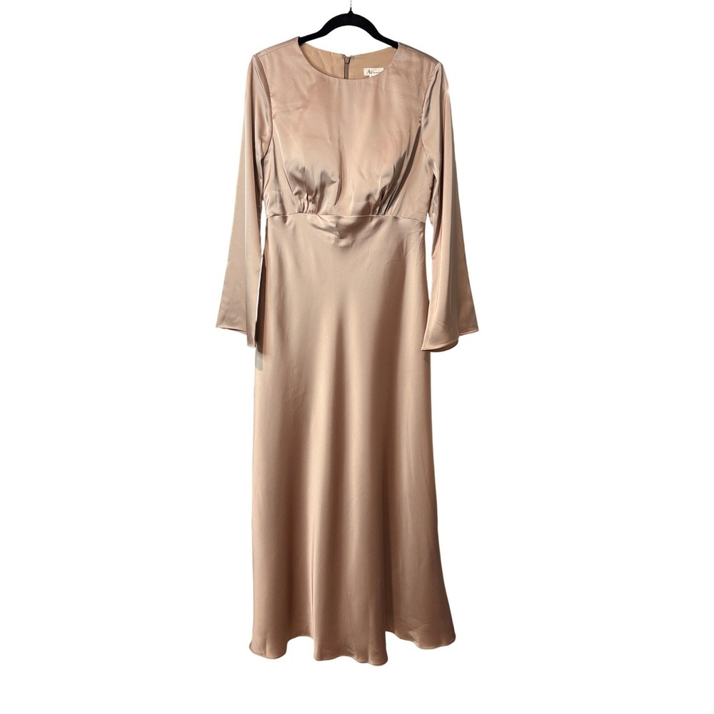 AW Bridal Champagne Satin Long Sleeve Maxi Dress Size 10 Formal Wedding Guest‎
